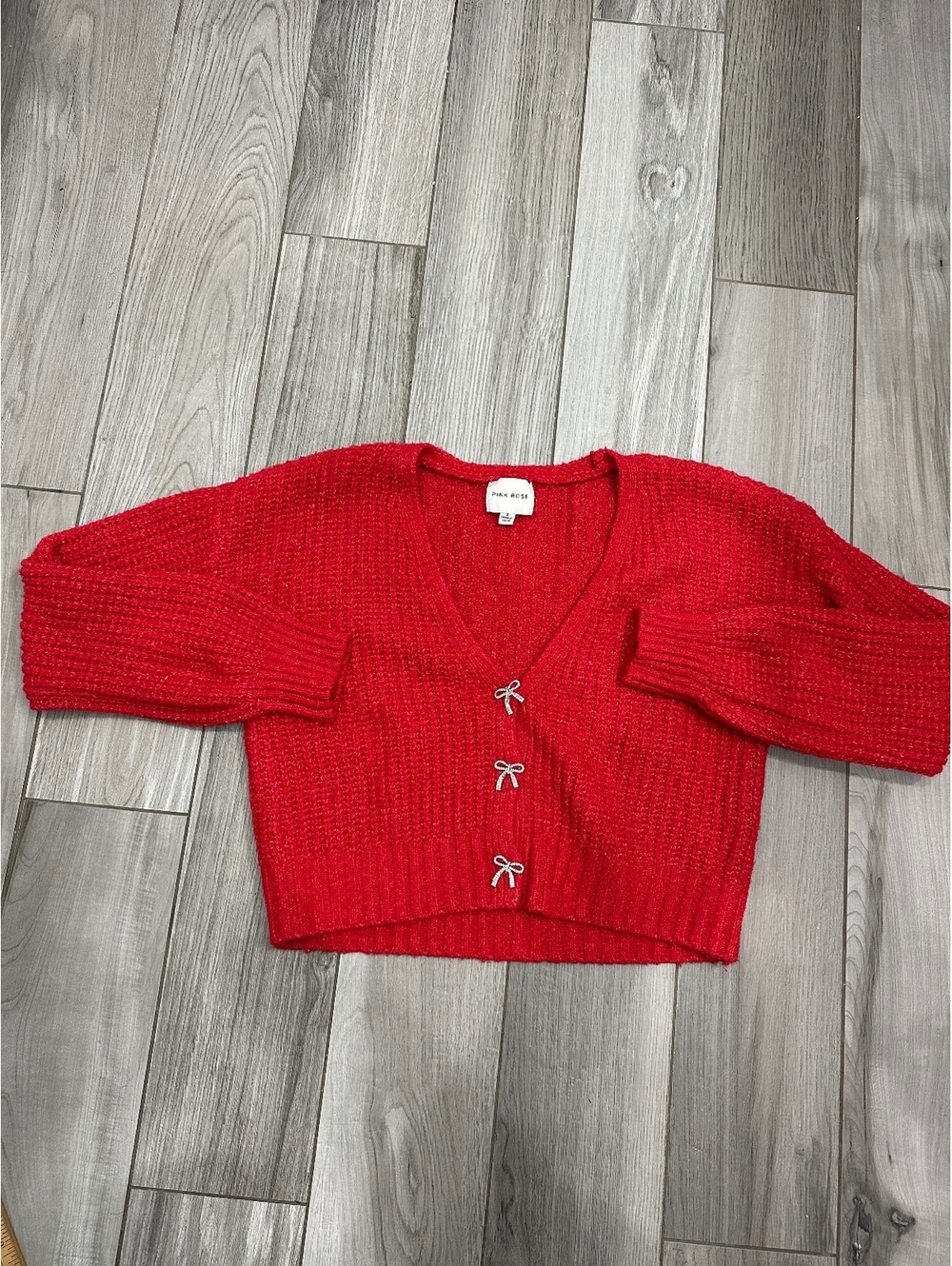 Pink Rose Red Cropped Cardigan with Rhinestone Bow Buttons Size S